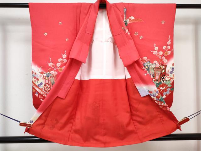 平和屋着物[]七五三　女の子　３歳　祝着　三つ身　長襦袢(単衣・半衿刺繍)セット　御所車花文　暈し染め　金彩　DABG3254ma