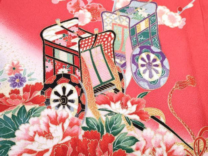 平和屋着物[]七五三　女の子　３歳　祝着　三つ身　長襦袢(単衣・半衿刺繍)セット　御所車花文　暈し染め　金彩　DABG3254ma