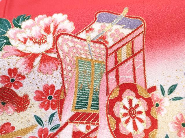 平和屋着物[]七五三　女の子　３歳　祝着　三つ身　長襦袢(単衣・半衿刺繍)セット　御所車花文　暈し染め　金彩　DABG3254ma