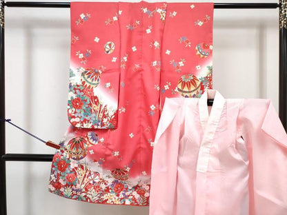 平和屋着物[]七五三　女の子　３歳　祝着　三つ身　長襦袢(単衣)セット　鞠花文　暈し染め　金彩　DABG3255ma