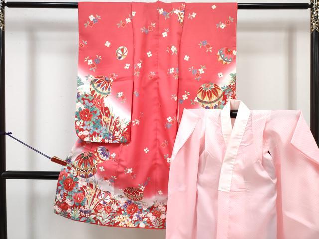平和屋着物[]七五三　女の子　３歳　祝着　三つ身　長襦袢(単衣)セット　鞠花文　暈し染め　金彩　DABG3255ma