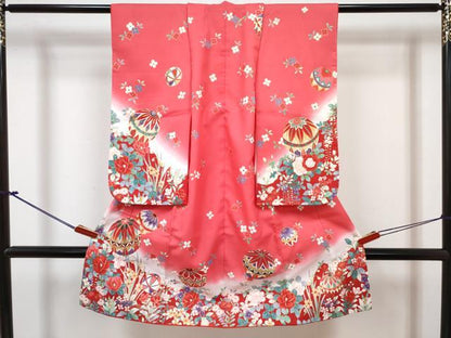 平和屋着物[]七五三　女の子　３歳　祝着　三つ身　長襦袢(単衣)セット　鞠花文　暈し染め　金彩　DABG3255ma