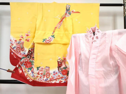 平和屋着物[]七五三　女の子　３歳　祝着　三つ身　長襦袢(単衣・半衿刺繍)セット　御所車花文　暈し染め　金彩　DABG3256ma