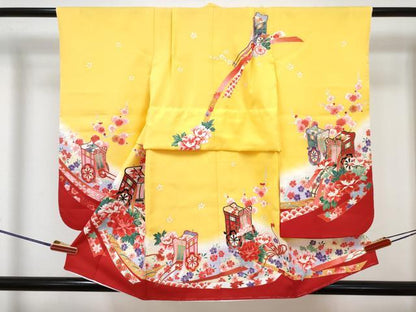 平和屋着物[]七五三　女の子　３歳　祝着　三つ身　長襦袢(単衣・半衿刺繍)セット　御所車花文　暈し染め　金彩　DABG3256ma