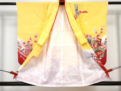 平和屋着物[]七五三　女の子　３歳　祝着　三つ身　長襦袢(単衣・半衿刺繍)セット　御所車花文　暈し染め　金彩　DABG3256ma