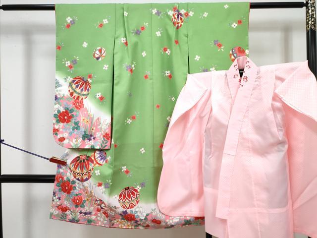 平和屋着物[]七五三　女の子　３歳　祝着　三つ身　長襦袢(単衣・半衿刺繍)セット　鞠花文　暈し染め　金彩　DABG3257ma