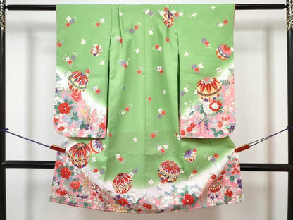 平和屋着物[]七五三　女の子　３歳　祝着　三つ身　長襦袢(単衣・半衿刺繍)セット　鞠花文　暈し染め　金彩　DABG3257ma