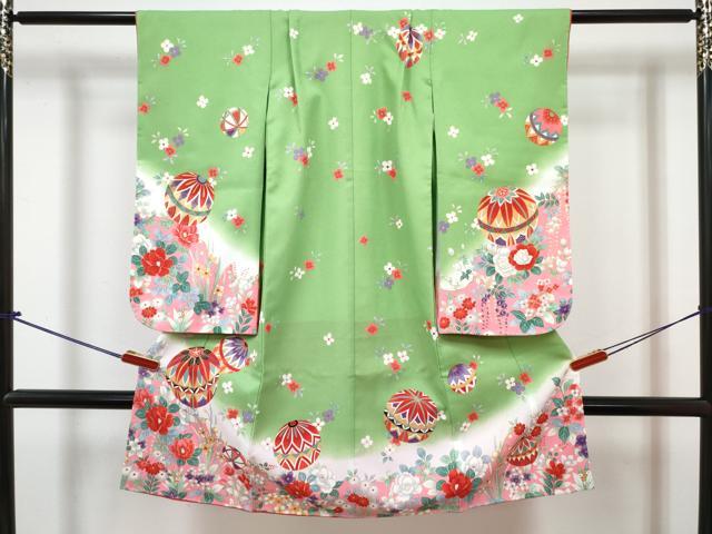 平和屋着物[]七五三　女の子　３歳　祝着　三つ身　長襦袢(単衣・半衿刺繍)セット　鞠花文　暈し染め　金彩　DABG3257ma