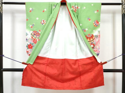 平和屋着物[]七五三　女の子　３歳　祝着　三つ身　長襦袢(単衣・半衿刺繍)セット　鞠花文　暈し染め　金彩　DABG3257ma