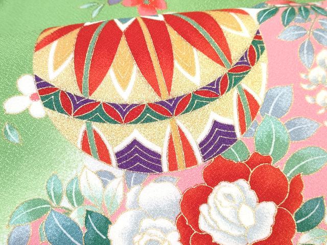 平和屋着物[]七五三　女の子　３歳　祝着　三つ身　長襦袢(単衣・半衿刺繍)セット　鞠花文　暈し染め　金彩　DABG3257ma