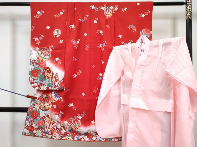 平和屋着物[]七五三　女の子　３歳　祝着　三つ身　長襦袢(単衣・半衿刺繍)セット　鞠花文　暈し染め　金彩　DABG3258ma