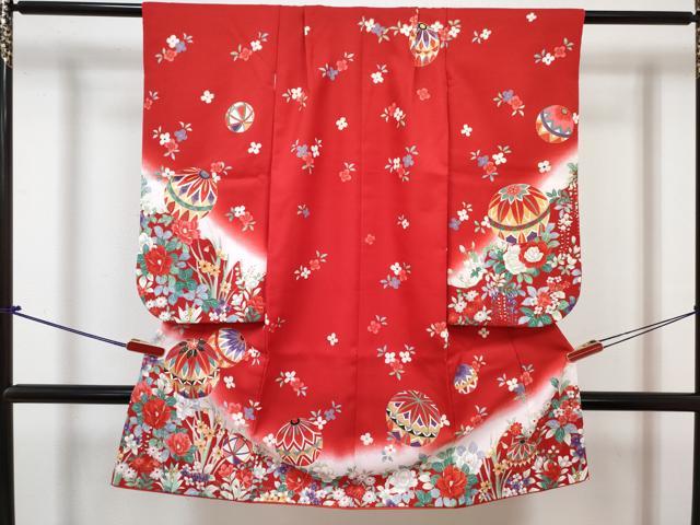 平和屋着物[]七五三　女の子　３歳　祝着　三つ身　長襦袢(単衣・半衿刺繍)セット　鞠花文　暈し染め　金彩　DABG3258ma