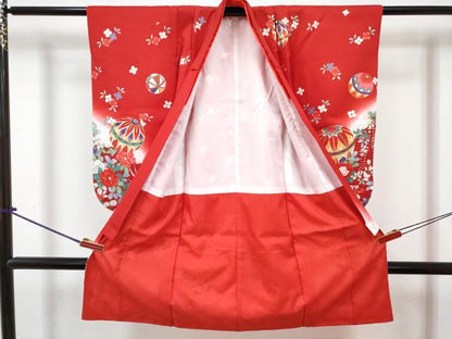 平和屋着物[]七五三　女の子　３歳　祝着　三つ身　長襦袢(単衣・半衿刺繍)セット　鞠花文　暈し染め　金彩　DABG3258ma
