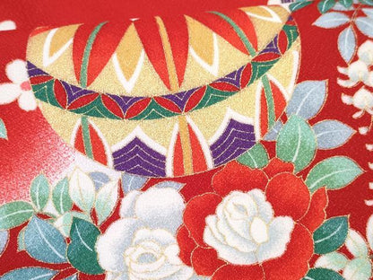 平和屋着物[]七五三　女の子　３歳　祝着　三つ身　長襦袢(単衣・半衿刺繍)セット　鞠花文　暈し染め　金彩　DABG3258ma