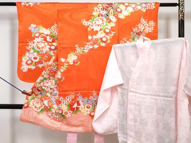 平和屋着物[]七五三　女の子　３歳　祝着　三つ身　長襦袢(無双仕立て)セット　駒刺繍　御所車花文　金彩　DABG3260ma
