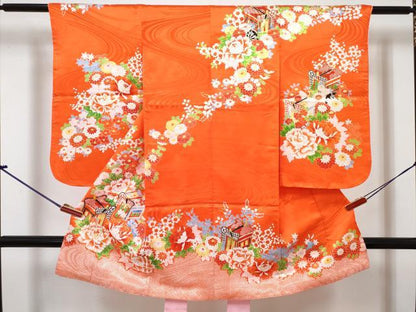 平和屋着物[]七五三　女の子　３歳　祝着　三つ身　長襦袢(無双仕立て)セット　駒刺繍　御所車花文　金彩　DABG3260ma