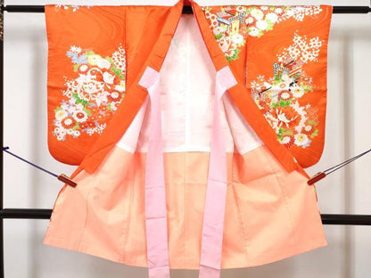 平和屋着物[]七五三　女の子　３歳　祝着　三つ身　長襦袢(無双仕立て)セット　駒刺繍　御所車花文　金彩　DABG3260ma