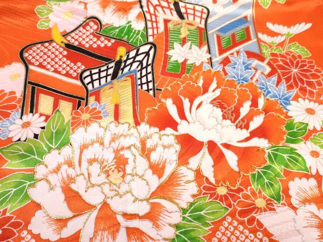 平和屋着物[]七五三　女の子　３歳　祝着　三つ身　長襦袢(無双仕立て)セット　駒刺繍　御所車花文　金彩　DABG3260ma