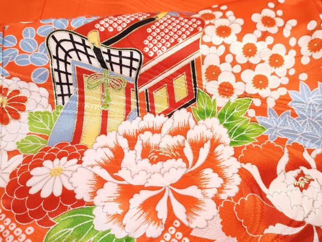 平和屋着物[]七五三　女の子　３歳　祝着　三つ身　長襦袢(無双仕立て)セット　駒刺繍　御所車花文　金彩　DABG3260ma