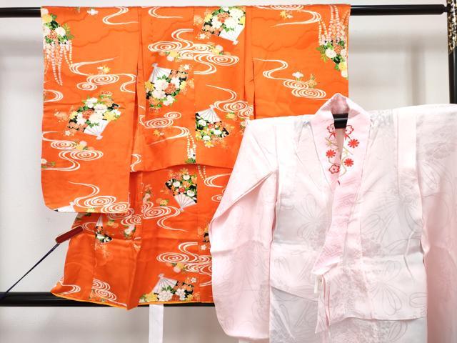 平和屋着物[]七五三　女の子　３歳　祝着　三つ身　長襦袢(無双仕立て・半衿刺繍)セット　流水扇面花文　金彩　逸品　DABG3263ma