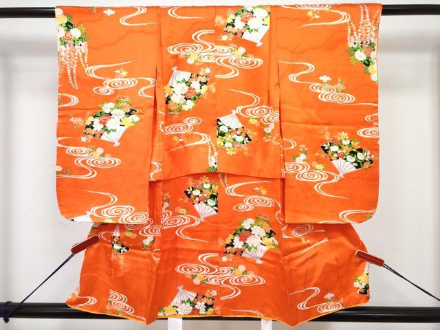 平和屋着物[]七五三　女の子　３歳　祝着　三つ身　長襦袢(無双仕立て・半衿刺繍)セット　流水扇面花文　金彩　逸品　DABG3263ma