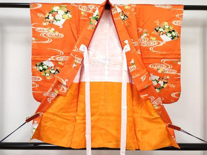 平和屋着物[]七五三　女の子　３歳　祝着　三つ身　長襦袢(無双仕立て・半衿刺繍)セット　流水扇面花文　金彩　逸品　DABG3263ma