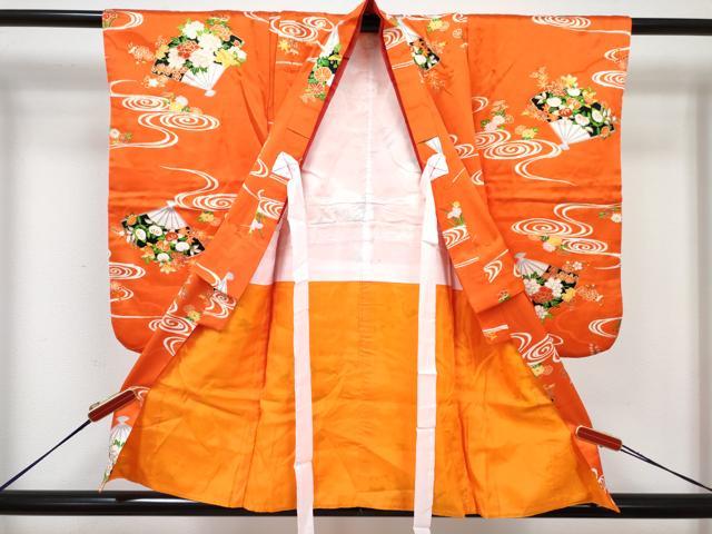 平和屋着物[]七五三　女の子　３歳　祝着　三つ身　長襦袢(無双仕立て・半衿刺繍)セット　流水扇面花文　金彩　逸品　DABG3263ma