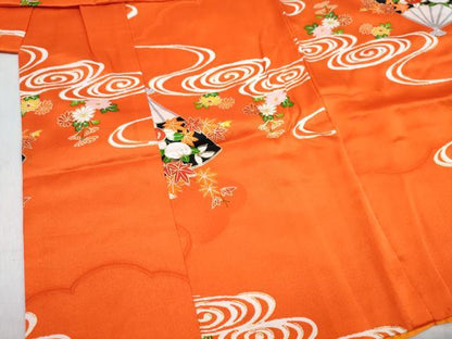 平和屋着物[]七五三　女の子　３歳　祝着　三つ身　長襦袢(無双仕立て・半衿刺繍)セット　流水扇面花文　金彩　逸品　DABG3263ma