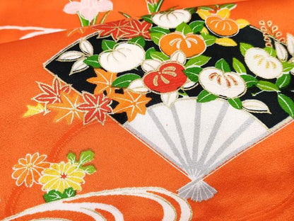 平和屋着物[]七五三　女の子　３歳　祝着　三つ身　長襦袢(無双仕立て・半衿刺繍)セット　流水扇面花文　金彩　逸品　DABG3263ma