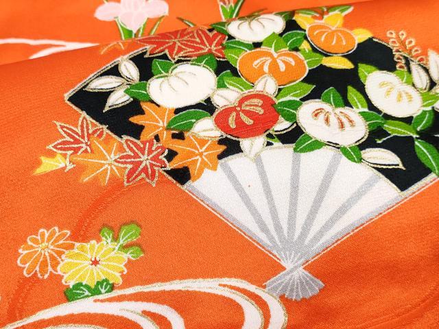 平和屋着物[]七五三　女の子　３歳　祝着　三つ身　長襦袢(無双仕立て・半衿刺繍)セット　流水扇面花文　金彩　逸品　DABG3263ma