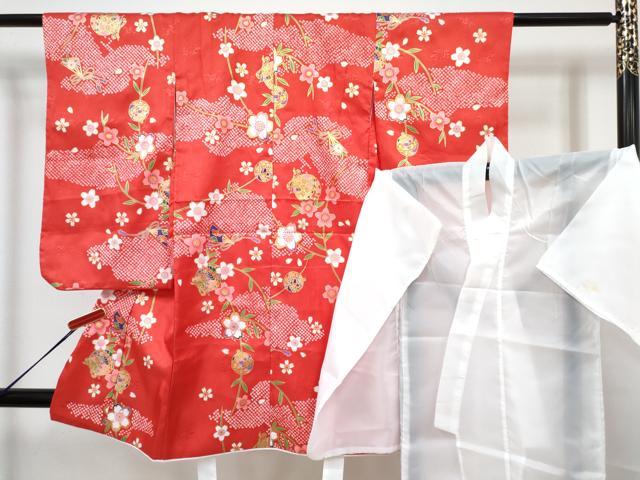平和屋着物[]七五三　女の子　３歳　祝着　三つ身　長襦袢(単衣)セット　扇面鈴花文　金彩　DABG3264ma