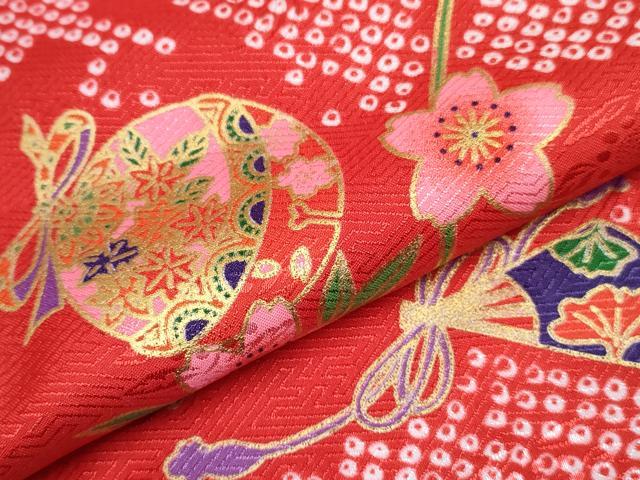平和屋着物[]七五三　女の子　３歳　祝着　三つ身　長襦袢(単衣)セット　扇面鈴花文　金彩　DABG3264ma