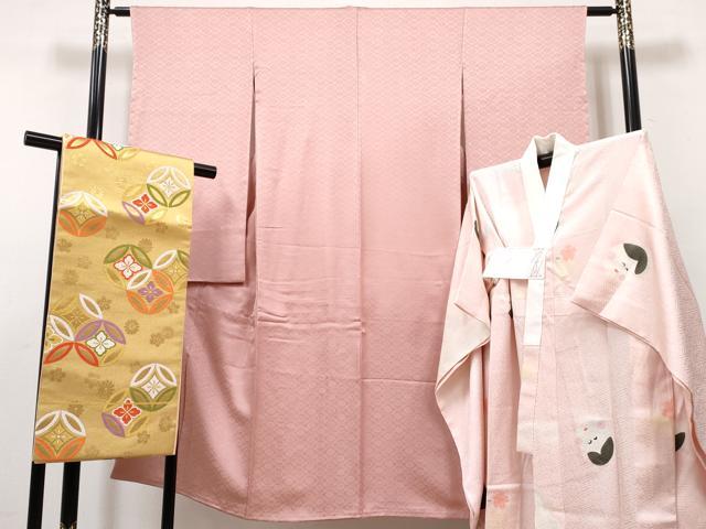 平和屋着物[]七五三　女の子　７歳　祝着　四つ身　襦袢・袋帯セット　柿渋染　名物裂文様　宍色　証紙付き　逸品　未使用　DABG3265ma