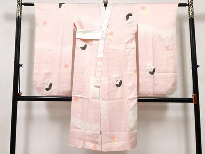 平和屋着物[]七五三　女の子　７歳　祝着　四つ身　襦袢・袋帯セット　柿渋染　名物裂文様　宍色　証紙付き　逸品　未使用　DABG3265ma