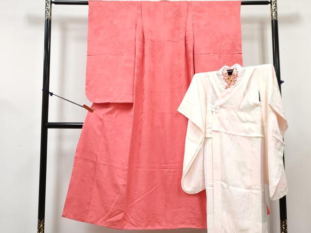 平和屋着物[]七五三　女の子　７歳　祝着　四つ身　襦袢(無双仕立て・半衿刺繍)セット　色紙立波地紋　珊瑚朱色　逸品　DABG3266ma