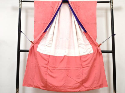 平和屋着物[]七五三　女の子　７歳　祝着　四つ身　襦袢(無双仕立て・半衿刺繍)セット　色紙立波地紋　珊瑚朱色　逸品　DABG3266ma