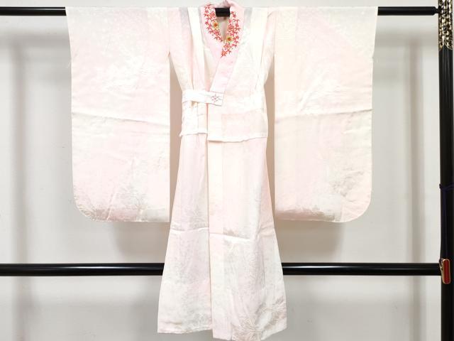 平和屋着物[]七五三　女の子　７歳　祝着　四つ身　襦袢(無双仕立て・半衿刺繍)セット　色紙立波地紋　珊瑚朱色　逸品　DABG3266ma