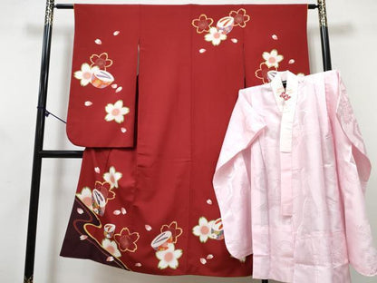 平和屋着物[]七五三　女の子　７歳　祝着　四つ身　長襦袢(単衣・半衿刺繍)セット　ぽっくり舞花文　金彩　DABG3268ma