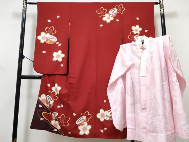 平和屋着物[]七五三　女の子　７歳　祝着　四つ身　長襦袢(単衣・半衿刺繍)セット　ぽっくり舞花文　金彩　DABG3268ma