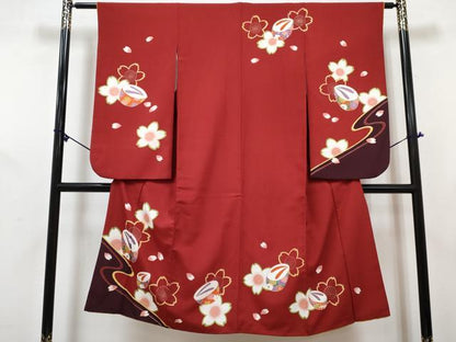 平和屋着物[]七五三　女の子　７歳　祝着　四つ身　長襦袢(単衣・半衿刺繍)セット　ぽっくり舞花文　金彩　DABG3268ma