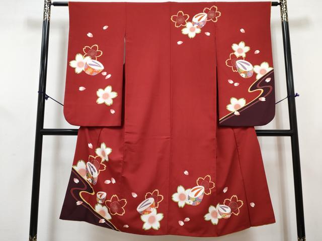平和屋着物[]七五三　女の子　７歳　祝着　四つ身　長襦袢(単衣・半衿刺繍)セット　ぽっくり舞花文　金彩　DABG3268ma