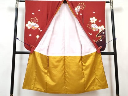 平和屋着物[]七五三　女の子　７歳　祝着　四つ身　長襦袢(単衣・半衿刺繍)セット　ぽっくり舞花文　金彩　DABG3268ma
