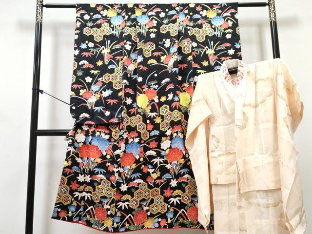 平和屋着物[]七五三　女の子　７歳　祝着　四つ身　襦袢(無双仕立て・半衿刺繍)セット　吉祥花文　黒地　逸品　DABG3269ma