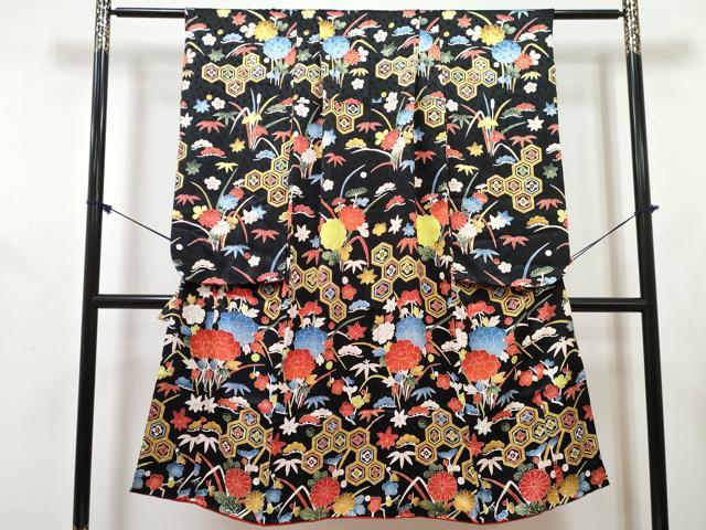 平和屋着物[]七五三　女の子　７歳　祝着　四つ身　襦袢(無双仕立て・半衿刺繍)セット　吉祥花文　黒地　逸品　DABG3269ma