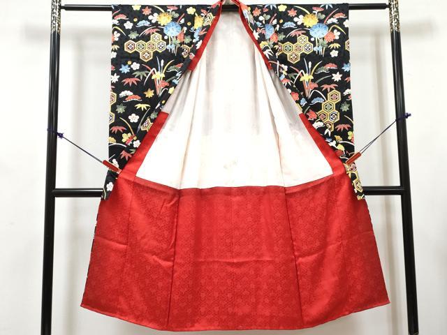 平和屋着物[]七五三　女の子　７歳　祝着　四つ身　襦袢(無双仕立て・半衿刺繍)セット　吉祥花文　黒地　逸品　DABG3269ma