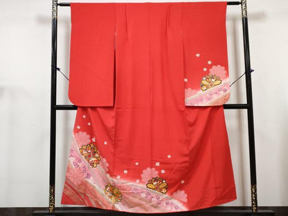 平和屋着物[]七五三　女の子　７歳　祝着　四つ身　襦袢(無双仕立て・半衿刺繍)セット　花蝶文　暈し染め　金銀彩　逸品　DABG3272ma