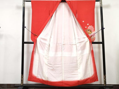 平和屋着物[]七五三　女の子　７歳　祝着　四つ身　襦袢(無双仕立て・半衿刺繍)セット　花蝶文　暈し染め　金銀彩　逸品　DABG3272ma