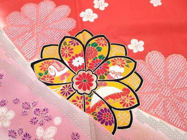 平和屋着物[]七五三　女の子　７歳　祝着　四つ身　襦袢(無双仕立て・半衿刺繍)セット　花蝶文　暈し染め　金銀彩　逸品　DABG3272ma