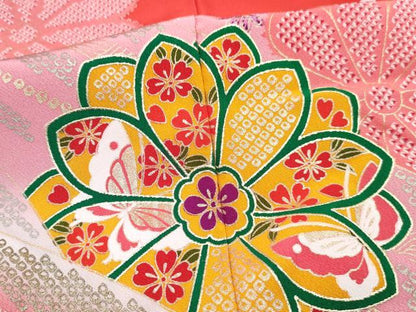 平和屋着物[]七五三　女の子　７歳　祝着　四つ身　襦袢(無双仕立て・半衿刺繍)セット　花蝶文　暈し染め　金銀彩　逸品　DABG3272ma