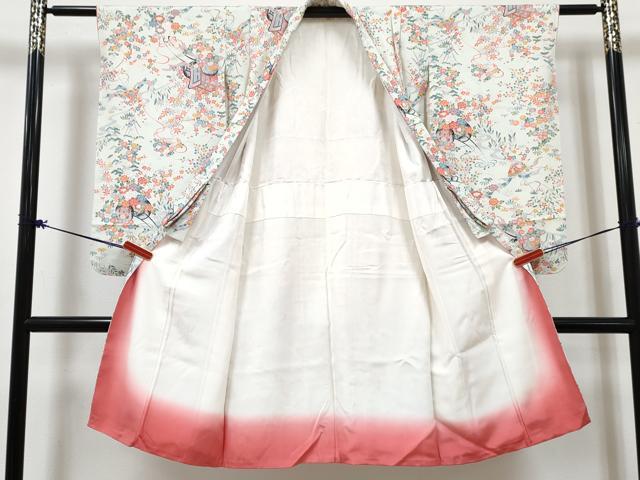 平和屋着物[]七五三　女の子　７歳　祝着　四つ身　襦袢(無双仕立て)セット　加賀友禅　御所車花文　反端付き　逸品　未使用　DABG3275ma